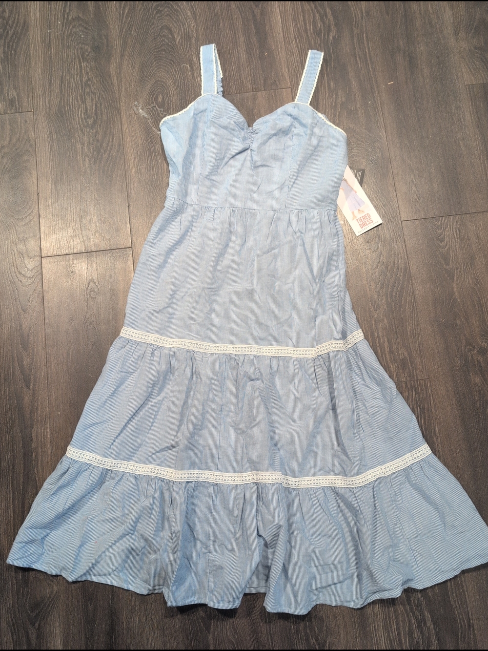 Women's Blue Striped Sleeveless Lace Trim Tiered Maxi Dress, Size M NWT